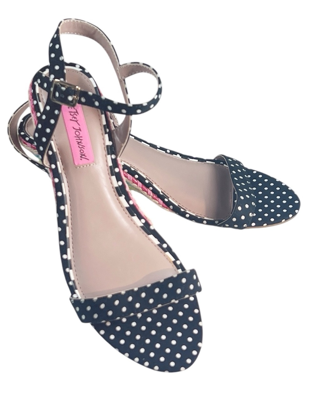 Betsey Johnson Black and White Polka Dot Wedges with Rainbow Rope Heels Summer